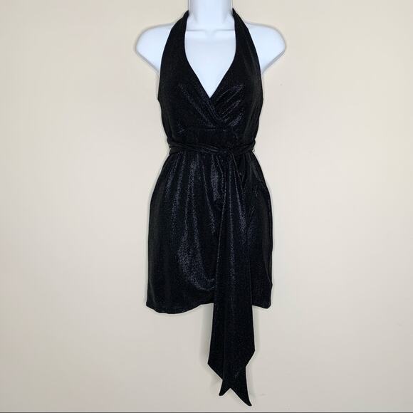 NEW Nookie Bellagio Mini Dress (Sz L) Halter Faux Wrap Black Shimmer - Picture 6 of 16